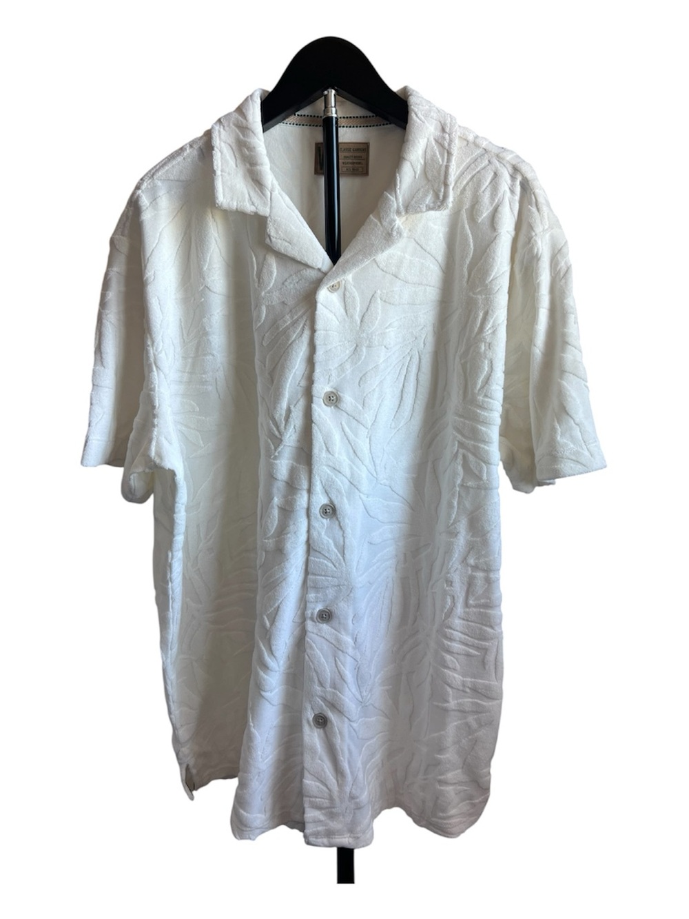 Weatherproof Men’s Ivory Hawaiian Textured Leaf-Pattern Button-Down Shirt XL